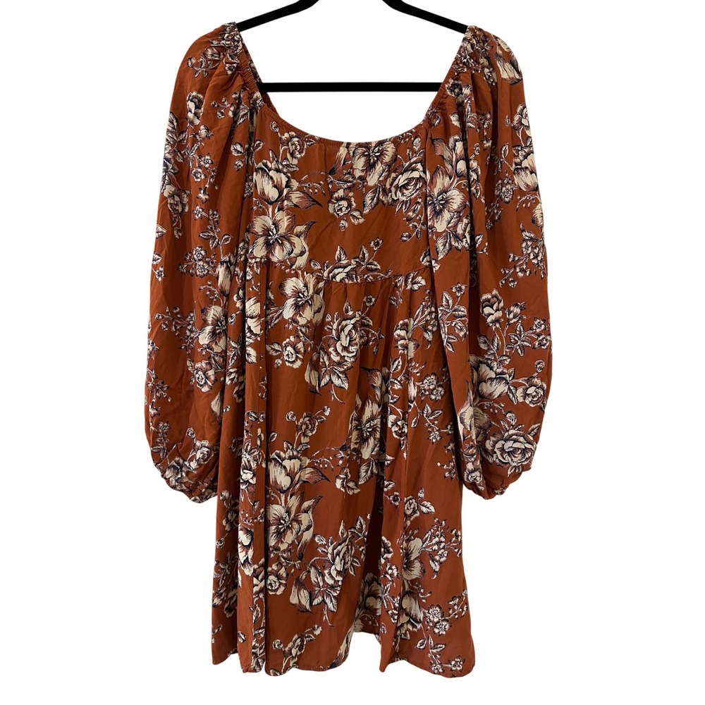 Angie Rust Floral Smocked Back Square Neck Puff Sleeve Mini Dress Large Boho
